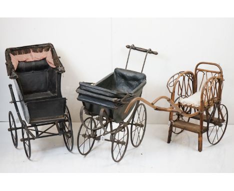 Three vintage dolls prams to include two metal framed examples and a bamboo examples (tallest approx 69cm) 