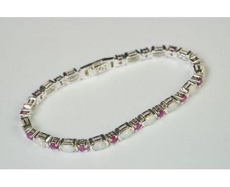 Silver opal and ruby line bracelet 