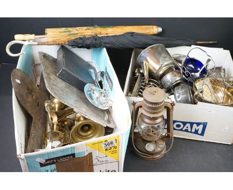 Two boxes of mixed collectables to include a quantity of silver plate, parasol, lantern, umbrella, brass candlestick...etc. 