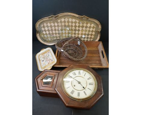 A small group of mixed collectables to include a wooden cased wall clock, three trays and a whicker basket. 