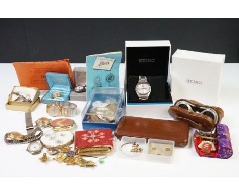 A group of mixed collectables to include opera glasses, cigar case, gold studs, powder compacts, watch parts and a selection 