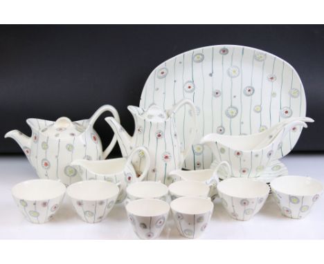 Staffordshire Midwinter tea &amp; dinner ware to include teapot &amp; cover, coffee pot &amp; cover, 5 coffee cups &amp; 6 sa