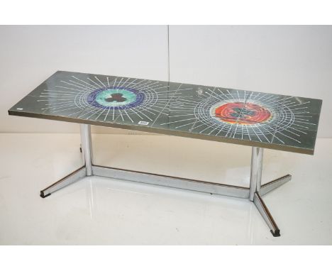 Attributed to Juliette Belarti - Mid century Retro Tile Top Coffee Table raised on a chrome base with splayed supports, 122.5