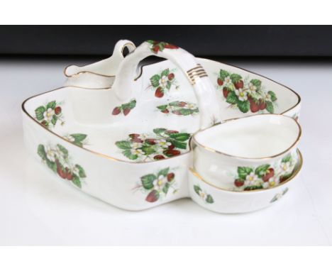 Hammersley Bone China ' Strawberry Ripe ' Strawberry Serving Dish / Basket with integral sugar bowl and cream jug, 25cm long