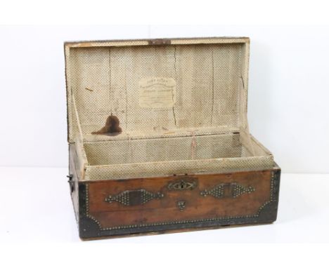 19th century Pine Iron Bound and Brass Studded Trunk / Box with iron carrying handles, 85cm long x 46cm deep x 35cm high 