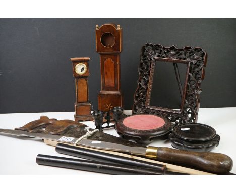 A box of mixed collectables to include vintage carpenters tools, opera glasses, Rosewood photograph frame and miniature long 