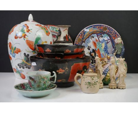 Collection of Oriental ceramics &amp; figures to include a Famille Rose teacup &amp; saucer on celadon style ground, large li