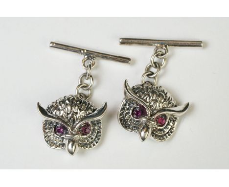 Pair of silver owl cufflinks with ruby eyes 