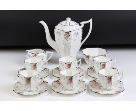 Shelley 1930's Queen Anne shape Coffee Service decorated in the Peaches and Grapes pattern, no. 11498, comprising Coffee Pot,