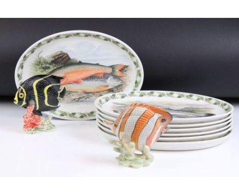 Set of seven Portmeirion ' The Compleat Angler British Fishes ' oval dishes (32.5cm wide), plus two Goebel fish models (Butte