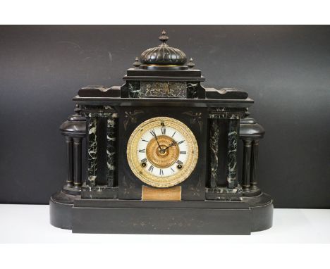 Victorian Architectural Slate and Marble Mantle Clock, the gilt and enamel dial with Roman numerals, 42cm high 