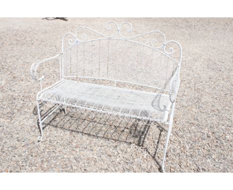 White wirework folding garden bench, 115cm long x 95cm high 