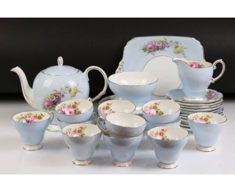 Foley floral tea set in pale blue (pattern 3125) comprising of a teapot &amp; cover, 12 teacups, 11 saucers, 12 tea plates, s