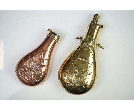 Two gunpowder flasks of American interest to include a copper example with American Civil War design in relief; and a brass e