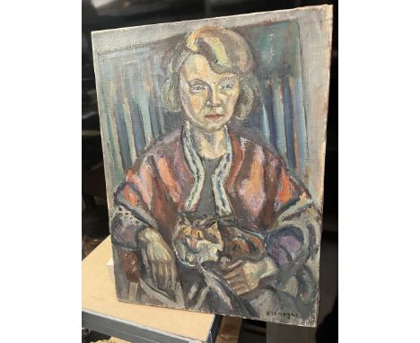 Pinchus KREMEGNE (1890-1981) Portrait d'une femme au chat Huile sur toile Signé en bas à droite Au dos, une étiquette du Salo