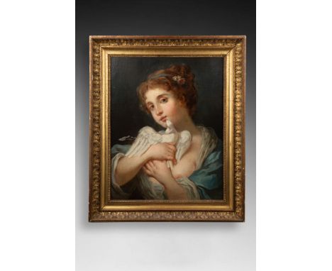 Ecole du XIXe siècle Portrait d'une femme à la colombe Huile sur toile H. 52,5 cm - L. 41 cm 