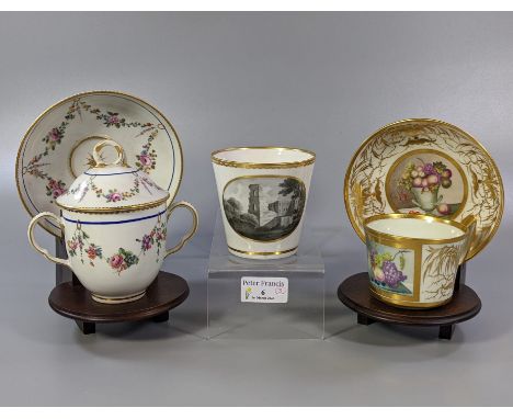 Collection of 19th Century Derby porcelain items to include: two handled chocolate lidded cup on stand hand painted with flor