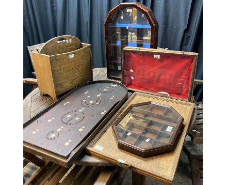 Oak tray, oak jewellery case, pine magazine rack, two oak display cases and a vintage Bagatelle board.  (6)   (B.P. 21% + VAT