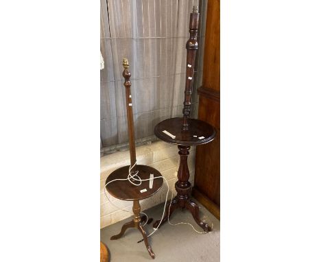 Two mahogany and oak dumb waiters on tripod stands, converted to electricity, now as a standard lamp.  (2)  (B.P. 21% + VAT) 