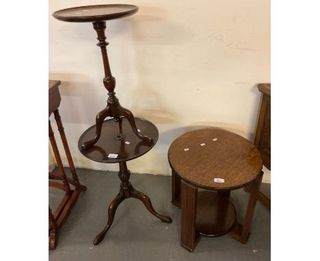 Small oak Art Deco design lamp table of circular form together with two mahogany wine table with dish tops.  (3)   (B.P. 21% 