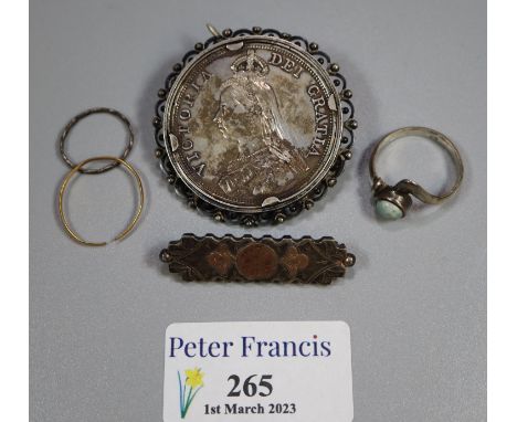 Victorian silver crown in brooch frame together with a gold ring other silver items.   (B.P. 21% + VAT) 