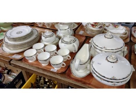 Three trays of Wedgwood 'Osborne' R4699 design dinner and teaware to include: various sizes of plates, lidded tureens, sauce 