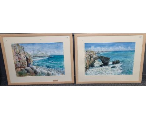 British school, initials R T (20th century), Welsh coastal scenes, one with Pembrokeshire arch.  Watercolours.  52x72cm appro