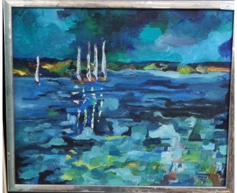 Barbara Savin, seascape with sailing boats, signed dated '71, oils on canvas.  50x60cm approx.  Metal frame.  (B.P. 21% + VAT