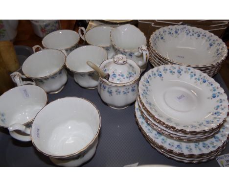 Tray of Royal Albert 'Memory Lane' part tea ware: six each of tea plates and dishes, five teacups of one size and a larger te