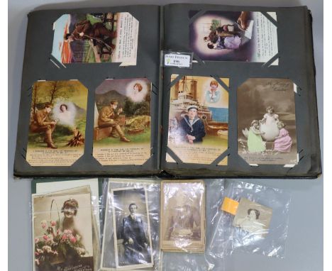 Album containing a large collection of mainly WWI period post cards of sentimental and romantic designs and messages together
