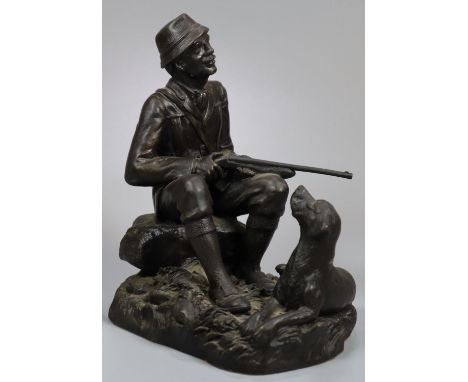 Heredities bronzed study of a hunter with shotgun and hound, inscribed signature R. Chadwick. (B.P. 21% + VAT)