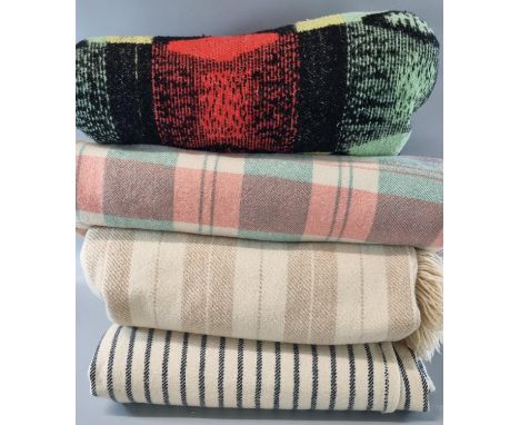 Box containing four vintage blankets; one woollen check and two woollen narrow loom antique striped; one cream undyed with bl