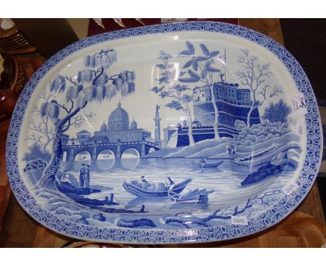 Large 19th century Spode meat plate with gravy well, 'Tiber' pattern, and a large Cauldon ware basin from a jug and basin set