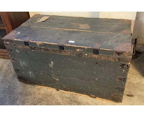19th century metal mounted stained pine trunk with metal interior.  88cm wide approx.  (B.P. 21% + VAT) 