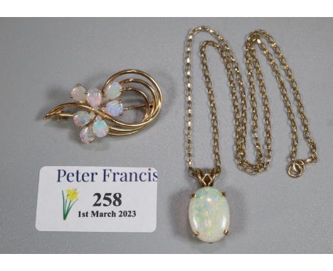 Opal pendant on 9ct gold chain and an opal set brooch.  (2)   (B.P. 21% + VAT) 