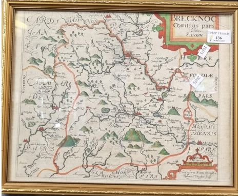 Christopher Saxton and Robert Vaughan, original later coloured map of Brecknoc.  27x31cm approx.  Modern frame. (B.P. 21% + V