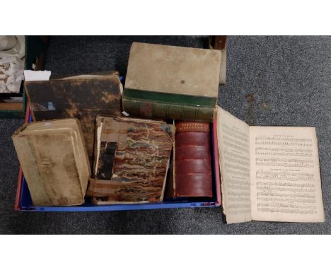 Box of antiquarian books to include: large half Moroccan bound Webster's Dictionary 1880, published by London George Bell & S