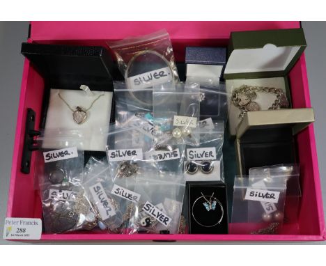 Collection of sterling silver items including: charm bracelet, Tiffany &amp; Co. necklace, locket and chain, enamel pendant, 