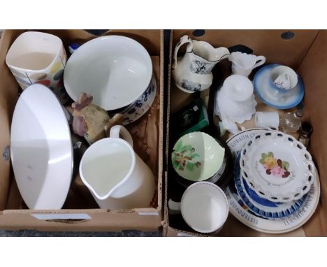 Two boxes of assorted items, to include: metal and enamel ceiling light shade, Orla Kiely canister, blue and white chamber po