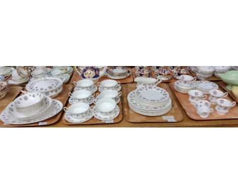 Four trays of Royal Albert English bone china 'Sweet Violets' design items to include: various plates, lidded tureen, bowls, 