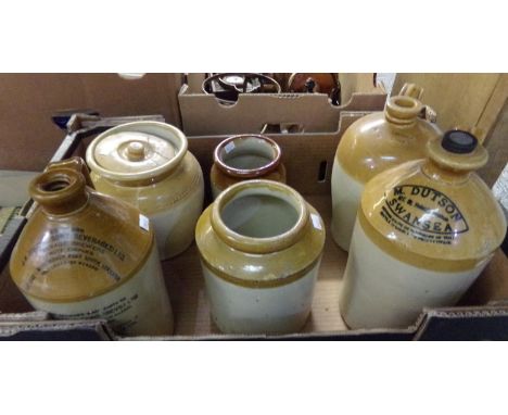 Box of stoneware pitchers and pots: M. Dutson, Herbal Brewers, Swansea, stoppered pitcher, T. Richardson, Abingdon, pitcher a