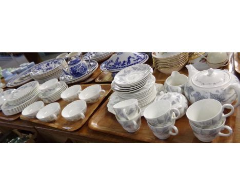 Four trays of Wedgwood 'Buxton' tea and dinner ware decorated with grey foliage on white: six place settings of dinner plates