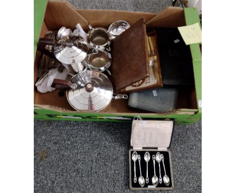 Box of silver and silver plate to include: various cased and loose plated cutlery, set of six Art Deco style sterling silver 