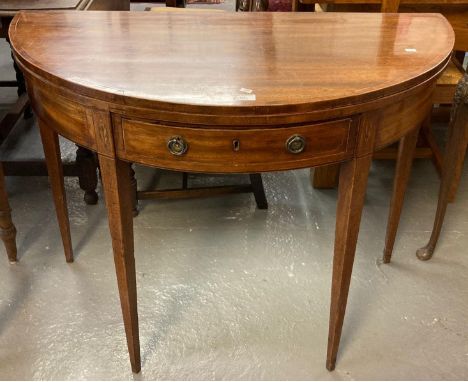 19th century mahogany inlaid bow front single drawer fold- over Demilune tea table on tapering legs.   (B.P. 21% + VAT) 