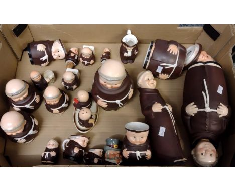 Box of mostly Hummel W Goebel monk figures: jugs, pots with lids, salt and pepper, wine pitchers with cork stoppered heads et