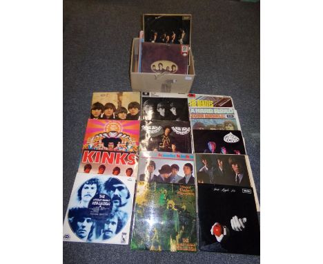 Box of 1960s and other vinyl LP records: 1964 New Zealand release of Kinks album, NPL 18096, The Aynsley Dunbar Retaliation, 