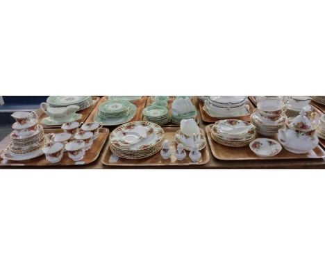 Three trays of Royal Albert 'Old Country Roses' design English bone china tea and dinnerware to include: teacups and saucers,