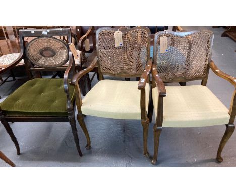 Pair of mid 20th century beech framed elbow chairs with caned backs, stuff over seats and cabriole front legs together with a