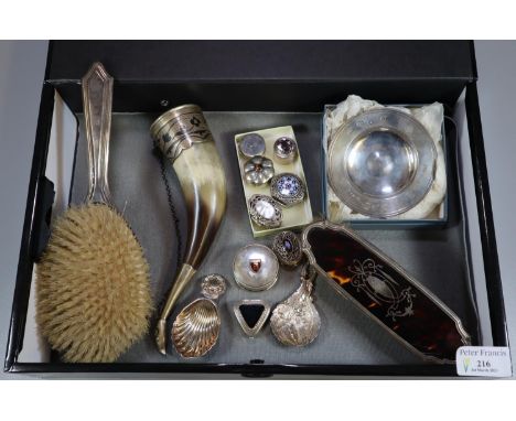 Quantity of assorted silver and other items, to include: tortoiseshell silver mounted brushes, silver dish, continental silve
