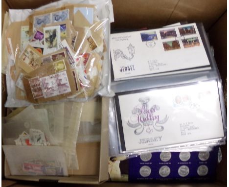 Box with all world collection of stamps in various albums and packets plus Channel Islands First Day Covers on pages.   (B.P.